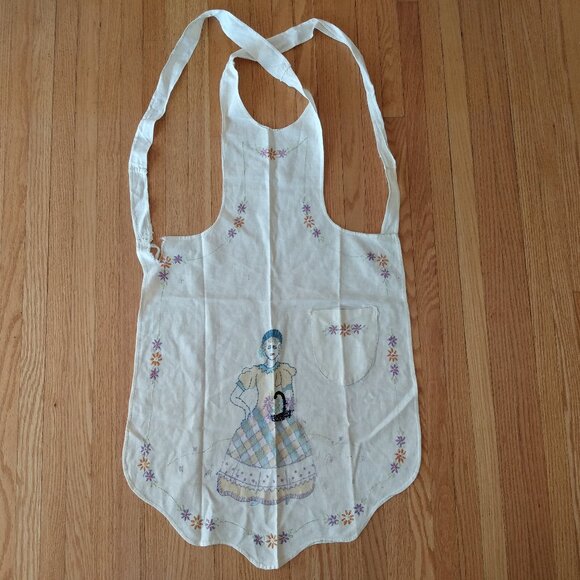 Vintage Full Apron Pinafore Handmade Embroidered Lady Flowers AS IS Flaws Ripped - Picture 1 of 14